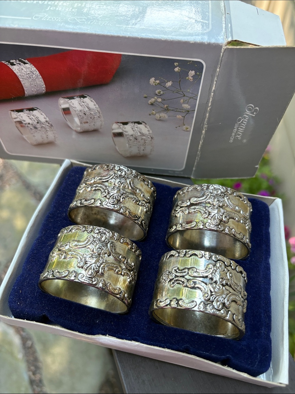 Vintage Silver Plated Napkin Rings Set of 4 | Classic Baroque | Original Box